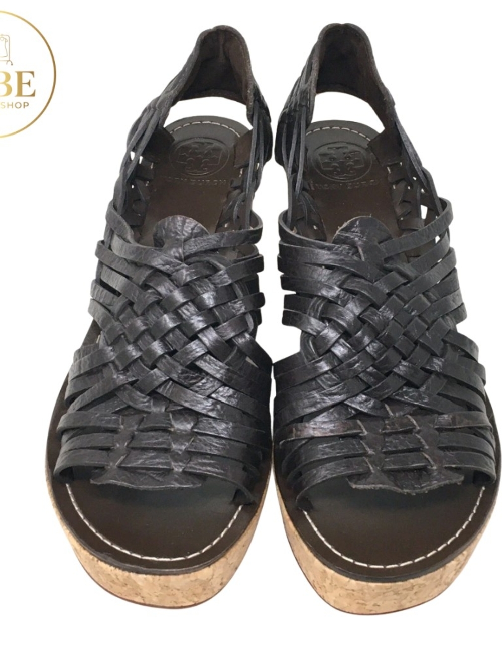Tory Burch Black Woven Leather Cork Platform Sandals